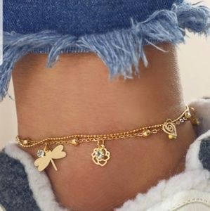 Dragonfly & Flower Charm Layered Chain Anklet